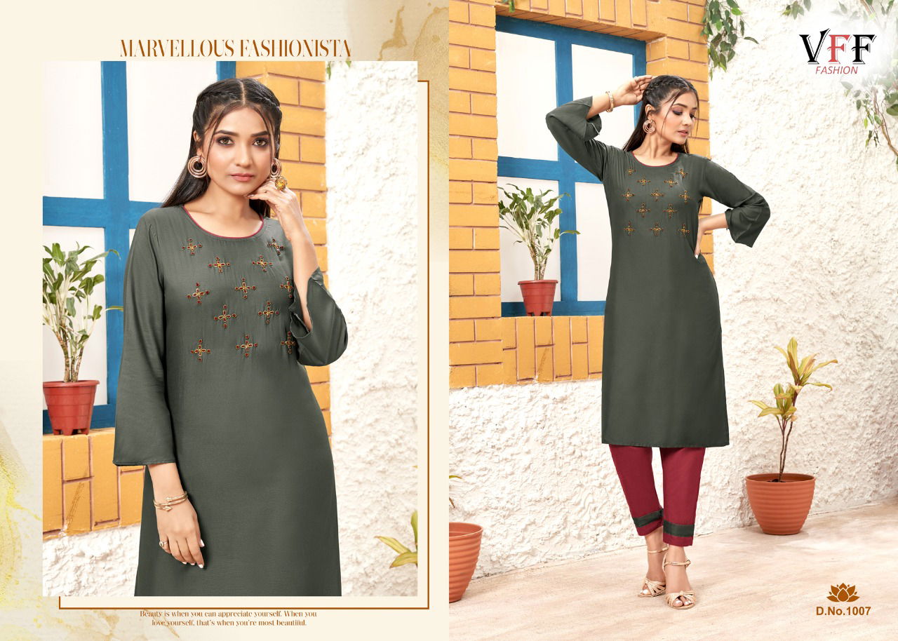Vff Tulashi Rayon Designer Ethnic Wear Kurti With Pant Collection